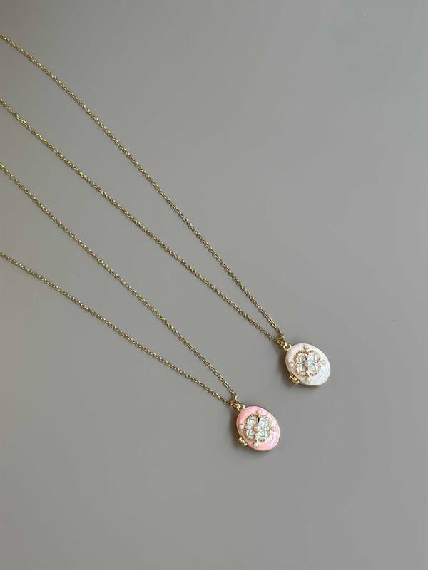 İncili Etnik Desen Kapaklı Kolye - Pembe Pembe