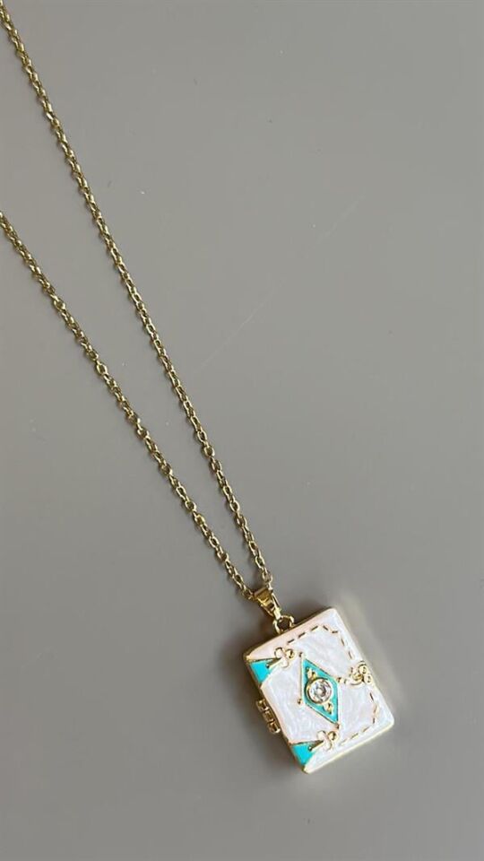 Etnik Desen Kapaklı Kolye - Beyaz Beyaz