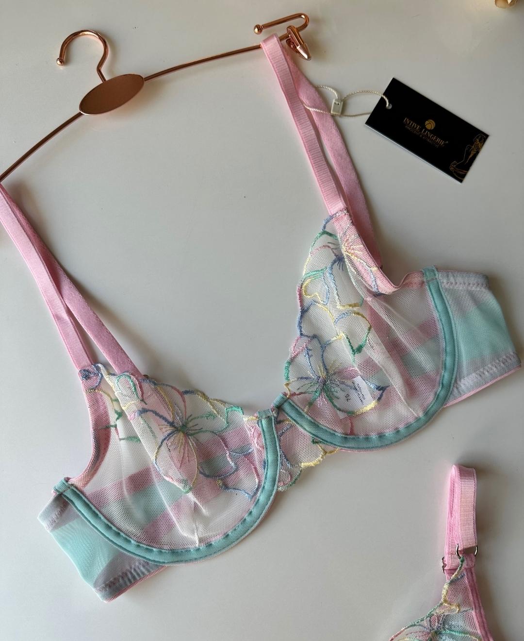 Rainbow Lady Turkuaz Renkli Çiçek Desenli Transparan Sütyen Takım