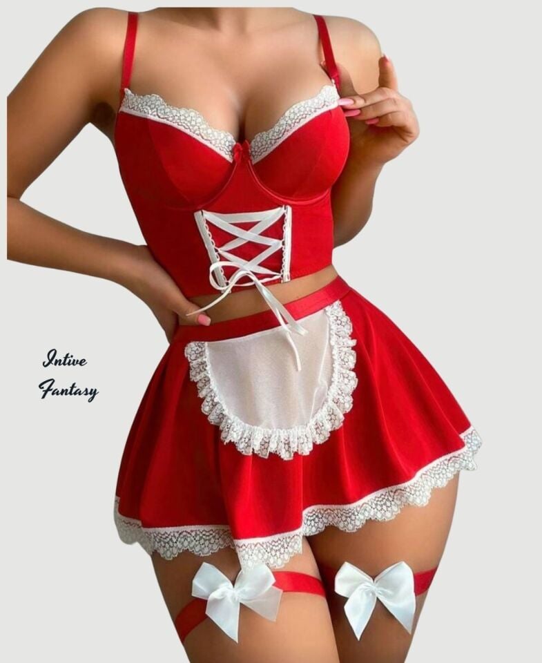 Intive Fantasy kırmızı Önü Bağlama Detaylı Önlüklü Bacak Aksesuarlı Mini Hizmetçi Kostüm Intive Fantasy kırmızı Önü Bağlama Detaylı Önlüklü Bacak Aksesuarlı Mini Hizmetçi Kostüm