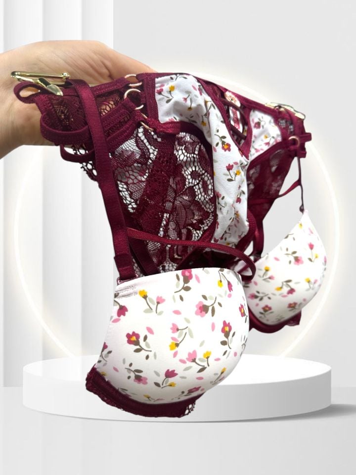 Intive Çiçek Desenli Destekli Tangası Şeritli Tasarım Şık Feminen Sütyen Takım Mürdüm - 85B