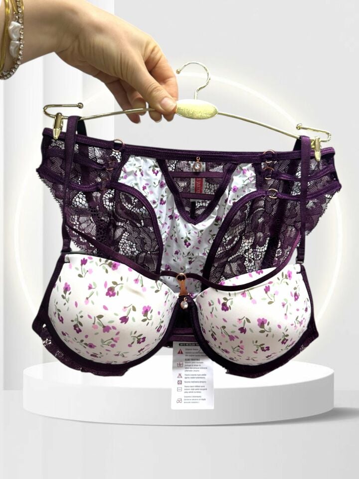 Intive Çiçek Desenli Destekli Tangası Şeritli Tasarım Şık Feminen Sütyen Takım Mürdüm - 85B