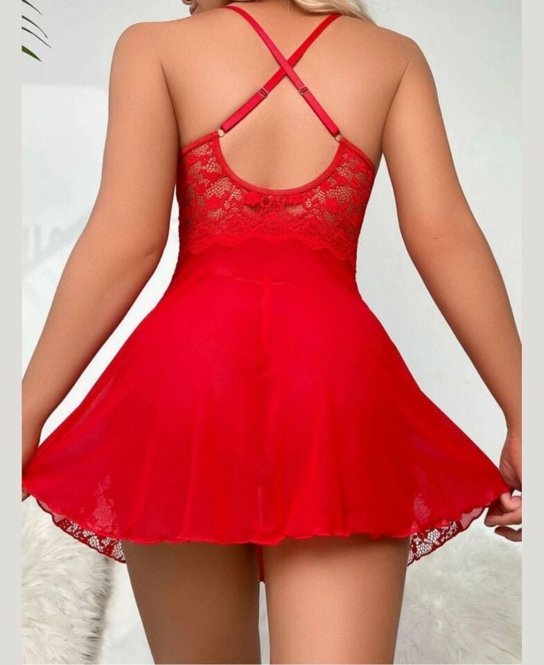 Beleng Kadın Mini Volanlı Kırmızı Dantelli Transparan Fantezi Gecelik -6029 Kırmızı - M/L