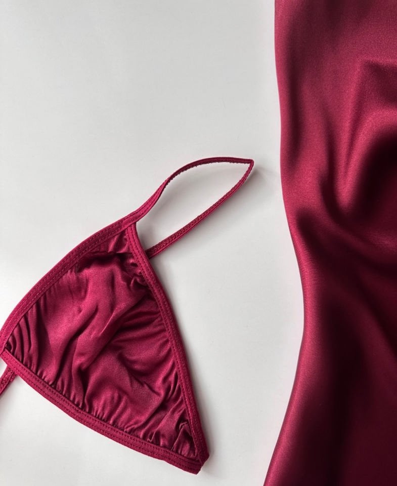Bordo Derin Dekolte Degaje Yaka Yanı Aksesuar Detaylı Mini Gecelik/Babydoll- 3031