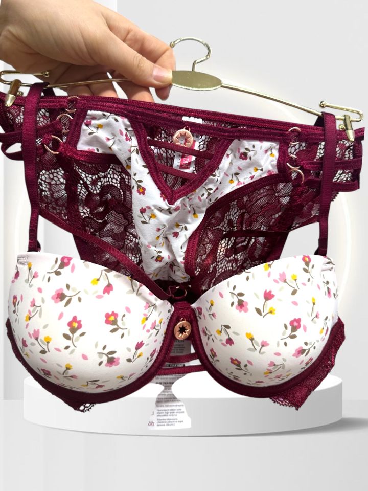 Intive Çiçek Desenli Destekli Tangası Şeritli Tasarım Şık Feminen Sütyen Takım Bordo - 85B
