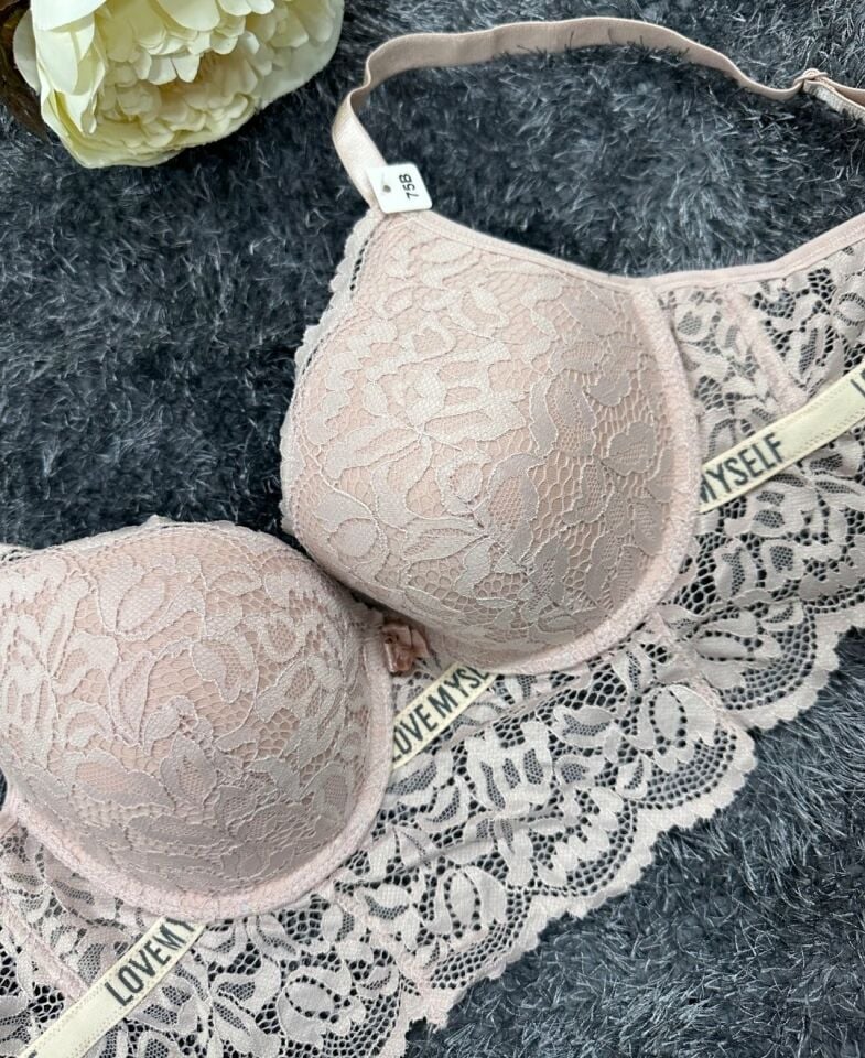 -Love myself- Yazılı Balenli Sakallı Dantel Hafif Destekli B-C Cup Uyumlu Sütyen Pudra  - 80B