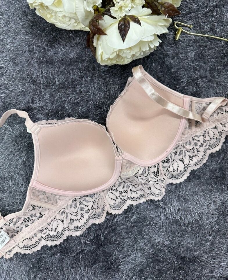 -Love myself- Yazılı Balenli Sakallı Dantel Hafif Destekli B-C Cup Uyumlu Sütyen Pudra  - 80B