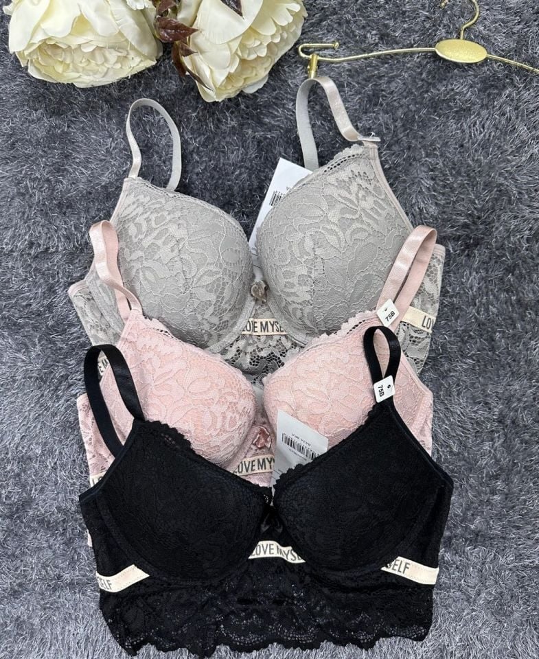 -Love myself- Yazılı Balenli Sakallı Dantel Hafif Destekli B-C Cup Uyumlu Sütyen Pudra  - 80B