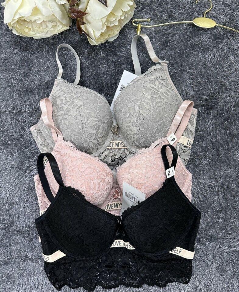 -Love myself- Yazılı Balenli Sakallı Dantel Hafif Destekli B-C Cup Uyumlu Sütyen Pudra  - 90B