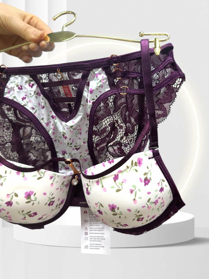 Intive Çiçek Desenli Destekli Tangası Şeritli Tasarım Şık Feminen Sütyen Takım Mürdüm - 85B