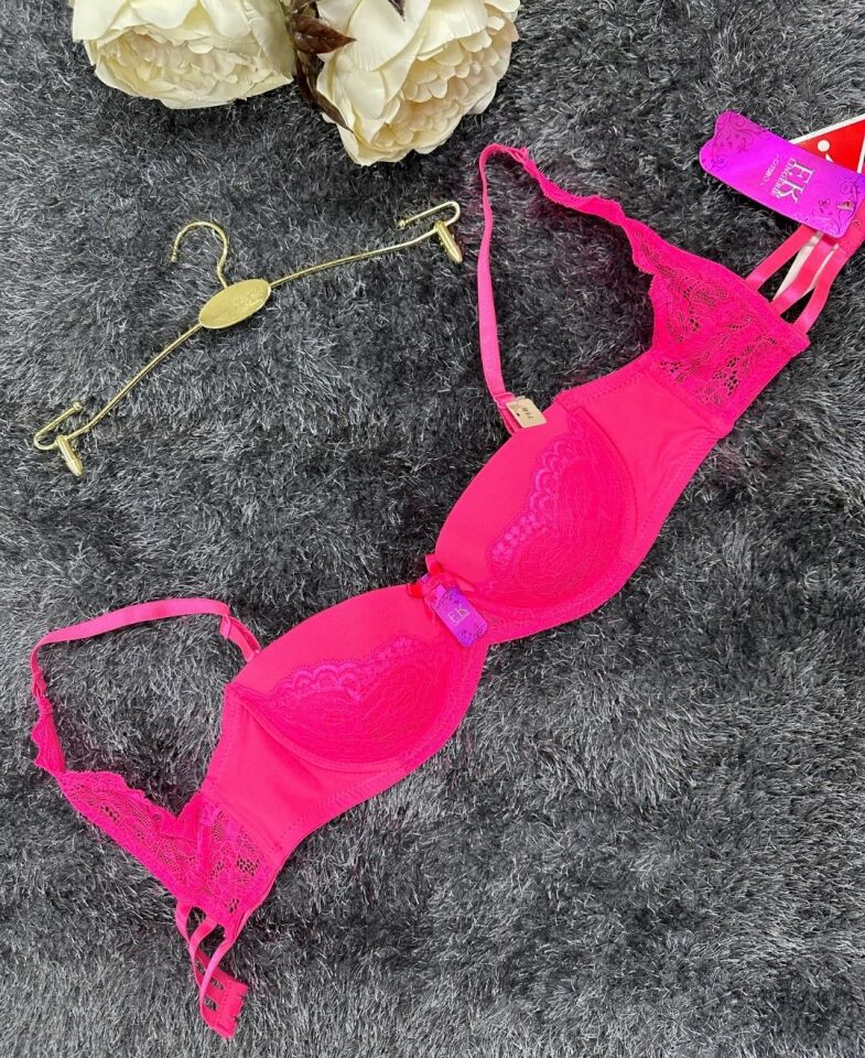 Barbie Pembe Arkası Metal Kancalı Dantelli ve Şeritli Balenli Hafif Destekli Sütyen 384 Pembe - 90B