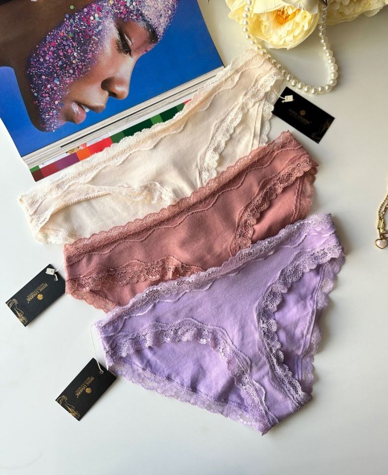 Arlet Kadın Pamuklu Rahat Günlük Kullanım Dantelli Slip/Külot (Lila-Gül Kurusu- Krem)