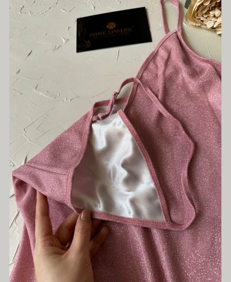 Intive Pudra Pembe Simli V Yaka İnce Askılı Mini Abiye Elbise/Gecelik Pudra  - M