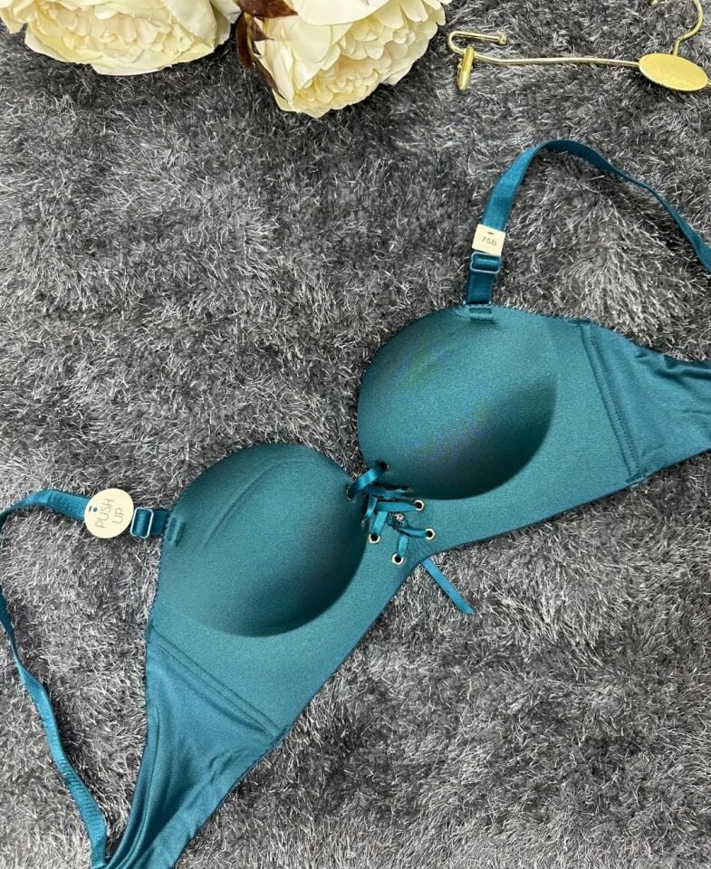 Natasha İthal Balensiz Push-up Lazer Kesim Önden Bağlamalı Rahat Sütyen -8388 Petrol Yeşili - 75B