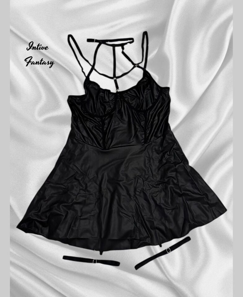 Intive Fantasy Siyah Deri Kumaştan Jartiyerli Bacak Aksesuarlı Gotik Gecelik/Takım Siyah - L/XL