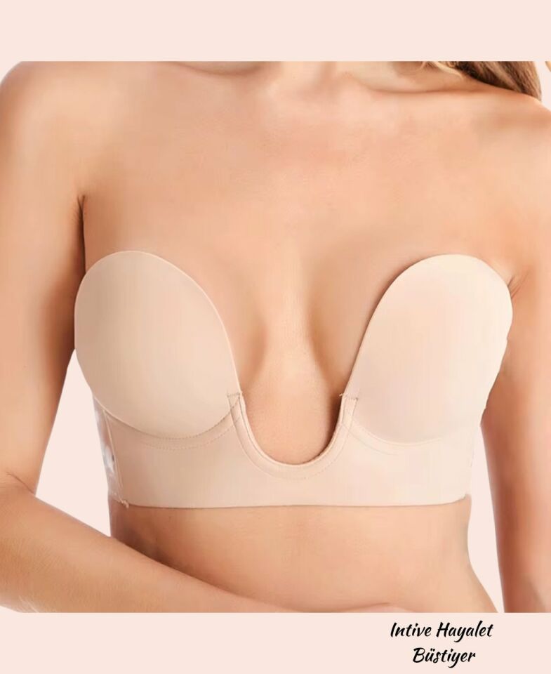 Revolution Yeni Nesil V Yaka Yanlardan Yapıştırma Hayalet Straplez Sütyen (Dekolteli Elbiseler İçin) Ten Rengi - C