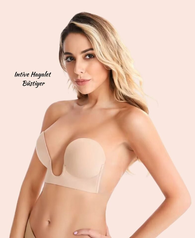 Revolution Yeni Nesil V Yaka Yanlardan Yapıştırma Hayalet Straplez Sütyen (Dekolteli Elbiseler İçin) Ten Rengi - C