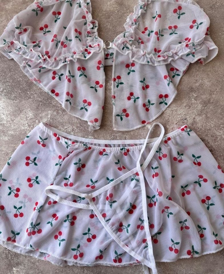 Beyaz Kiraz Desenli Etek String Büstiyer Seksi Takım -1029 Beyaz - L/XL
