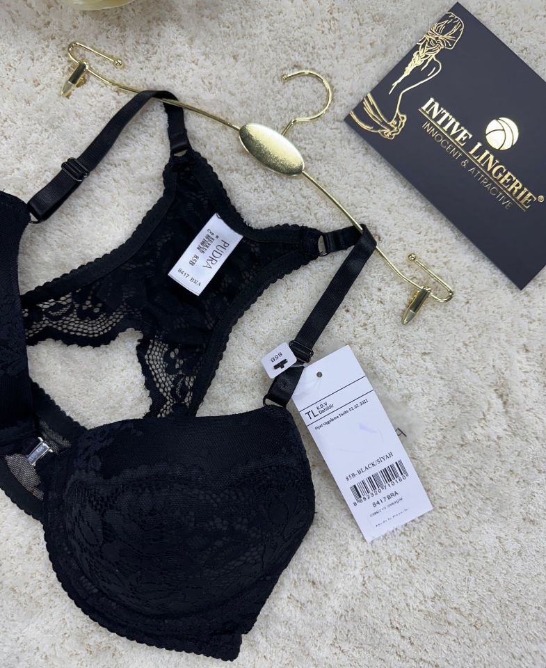 Pudra Önden Klipsli Güpür Dantelli Halter Kesim Yarı-Destekli Sütyen Siyah - 90B