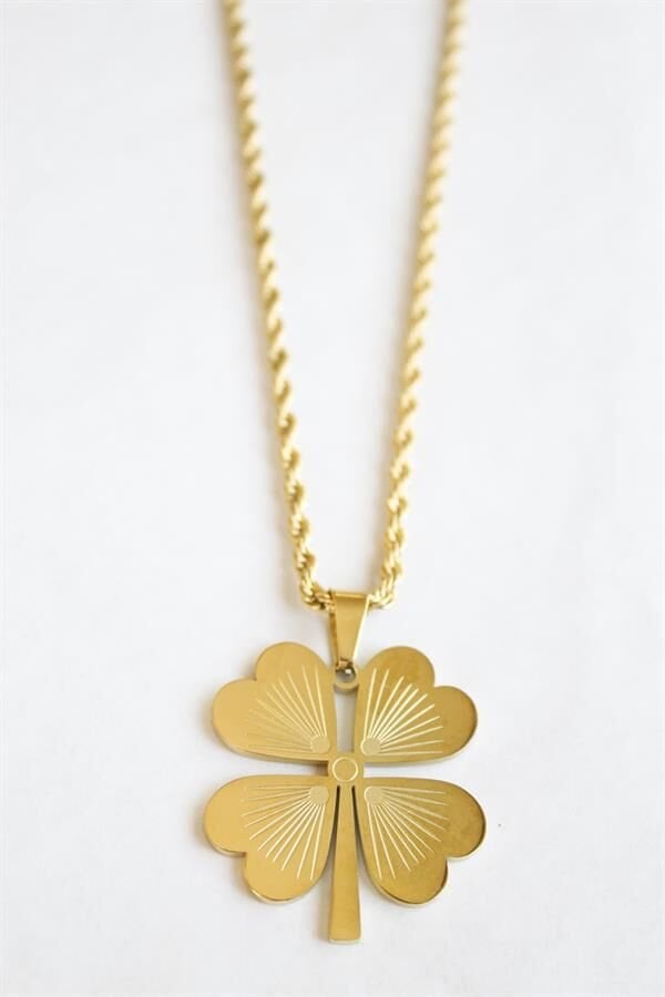 Çelik Yonca Kolye - Altın Altın