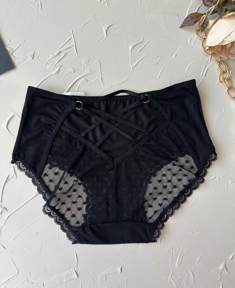 Pointy Love Kalpli Transparan Kumaş Arkası Dekolte Şeritli Yüksek Bel Slip Siyah - M