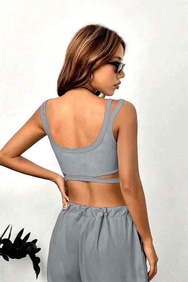 YNT Gri Çift Askılı Göğüs Altı Detaylı Crop BN6573G STANDART