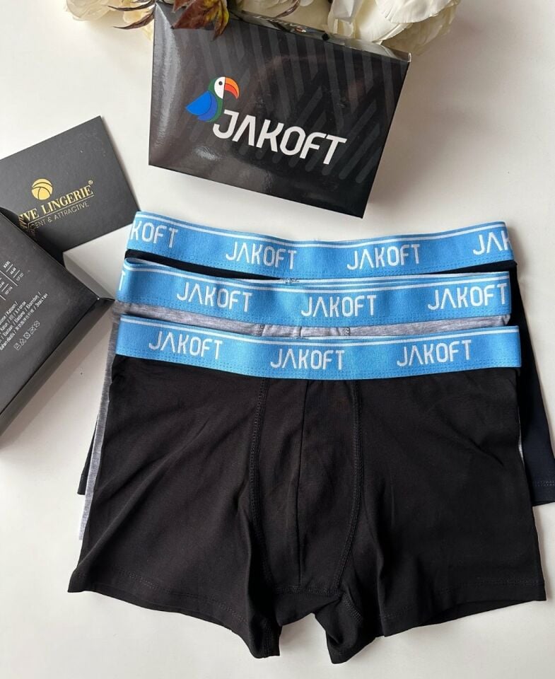 Jakoft Ultra Rahat Esnek %95 Pamuklu Üçlü Kutulu Erkek Boxer Mavi - XL