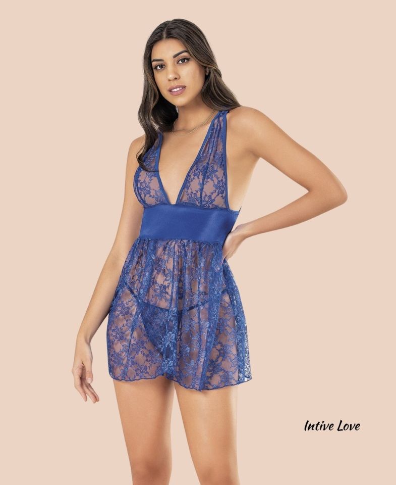 Moongirl Derin V Dekolteli Tamamı Dantel Arkası Açık Çekici Gecelik/Babydoll (Saks, Pembe) SAKS - L
