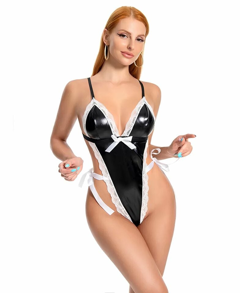 Kadın Siyah Beyaz Parlak Kumaşlı Yandan Bağlamalı Tanga Büstiyer Siyah - L/XL