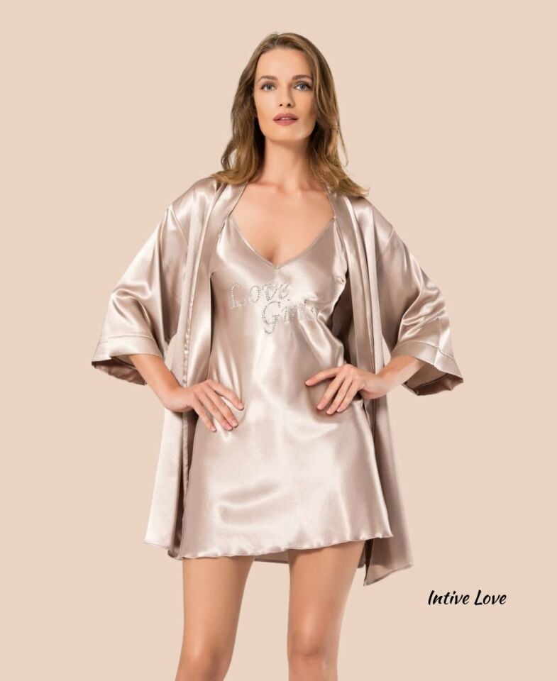 Intive Taşlı Love Girls Yazılı Bej Düz Renk Saten Mini Gecelik Sabahlık Takım Bej - XL
