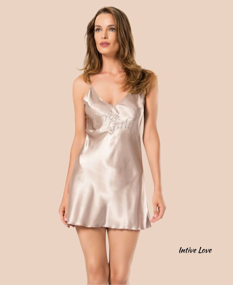 Intive Taşlı Love Girls Yazılı Bej Düz Renk Saten Mini Gecelik Sabahlık Takım