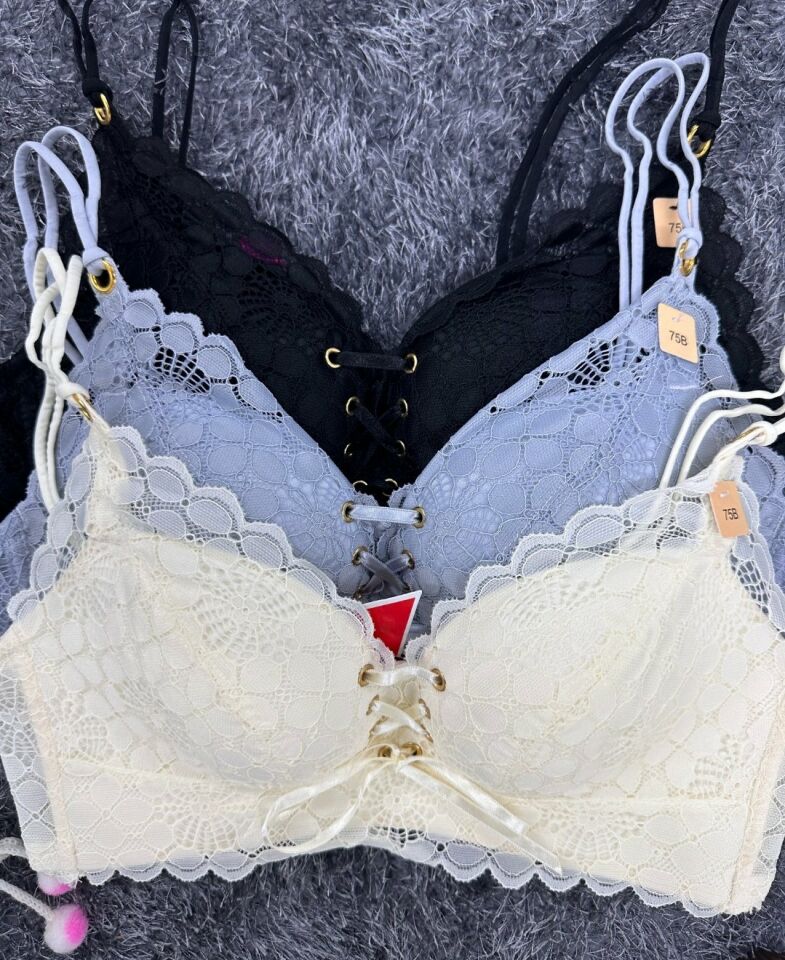 İthal Çiçek Desenli Önü Bağlamalı Balensiz Hafif Destekli Sütyen - 1206 Buz Mavisi - 90B