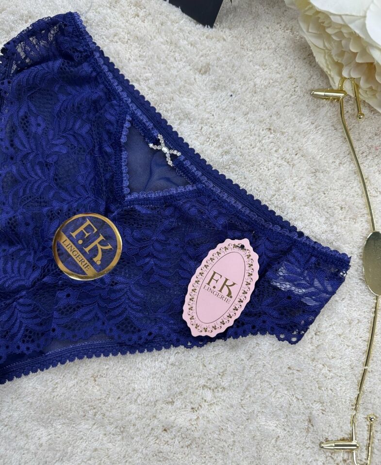 Fk Lingerie Taşlı Transparan Tül Önü Dantelli Önü Cut-Out Külot Lacivert - L/XL