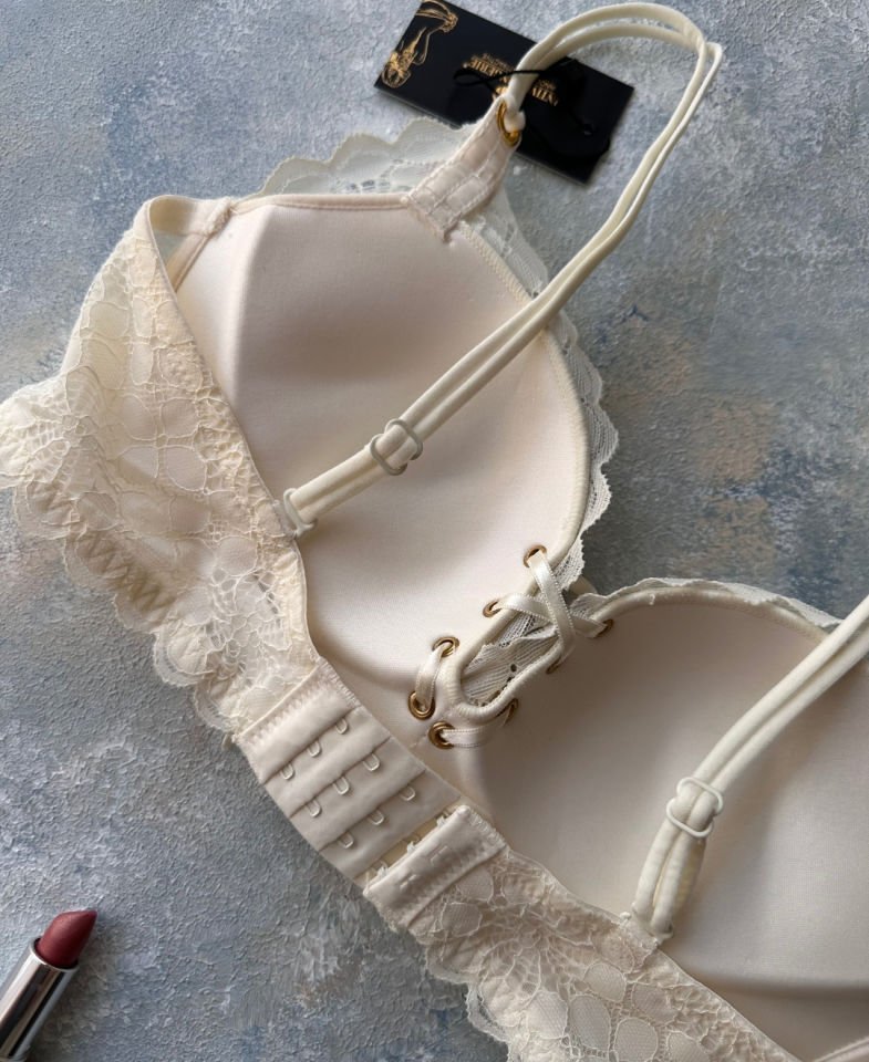 İthal Çiçek Desenli Önü Bağlamalı Balensiz Hafif Destekli Sütyen - 1206 Ekru - 90B