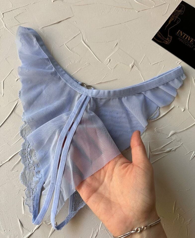 Lisa Dantelli Özel Bölgesi Açık Arkası Tül ve Açık Fantezi String (Limited) Mavi - Tek Ebat