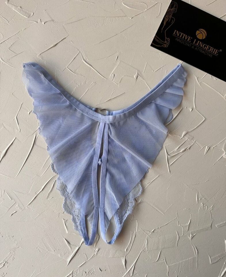 Lisa Dantelli Özel Bölgesi Açık Arkası Tül ve Açık Fantezi String (Limited) Mavi - Tek Ebat