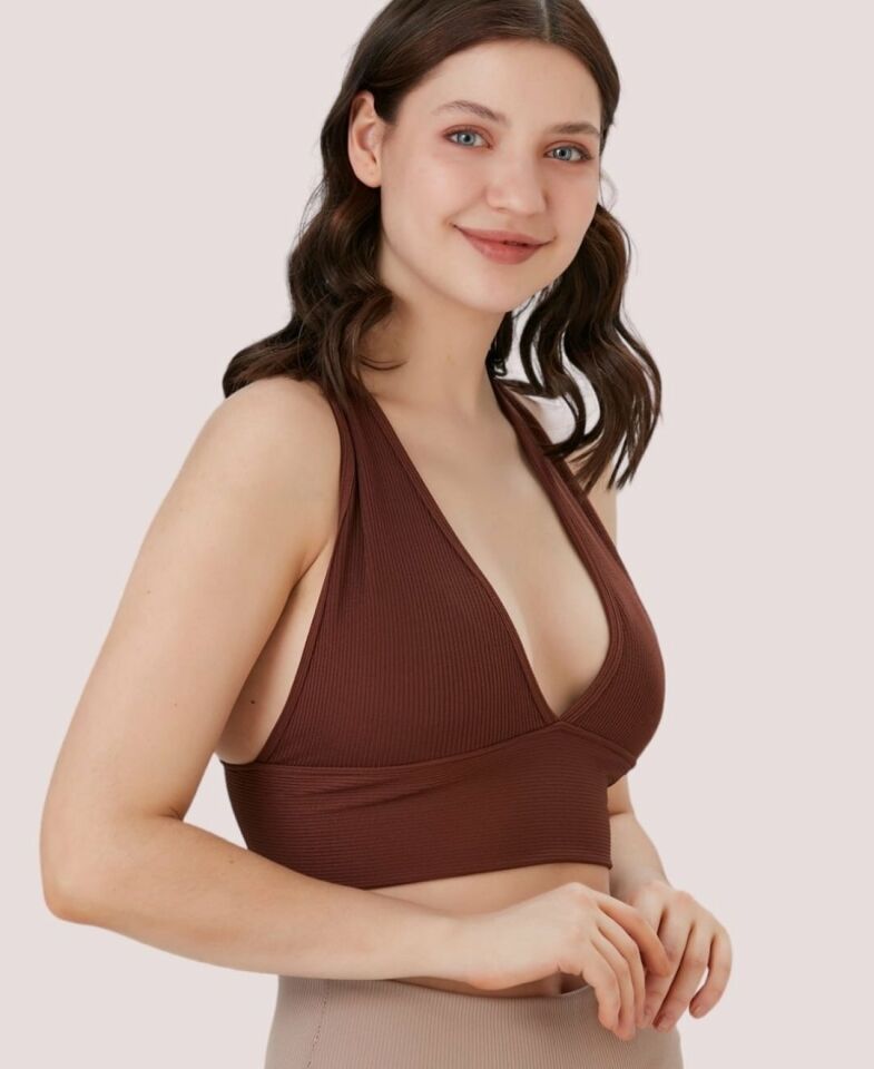 Aurafit Fitilli Arkası Çapraz Derin Dekolte Spor Sütyeni/Büstiyer-9036 Kahverengi - M/L