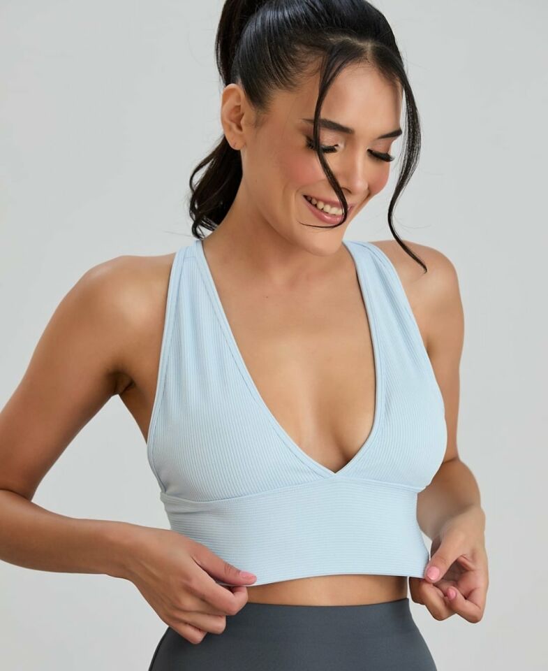 Aurafit Fitilli Arkası Çapraz Derin Dekolte Spor Sütyeni/Büstiyer-9036 Mavi - M/L