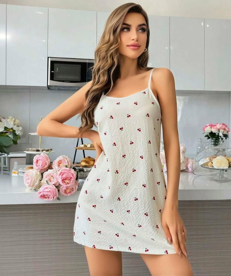 Lily Bianca %100 Pamuk Penye Kiraz Desenli Şirin Mini Gecelik-13000 Beyaz - S/M