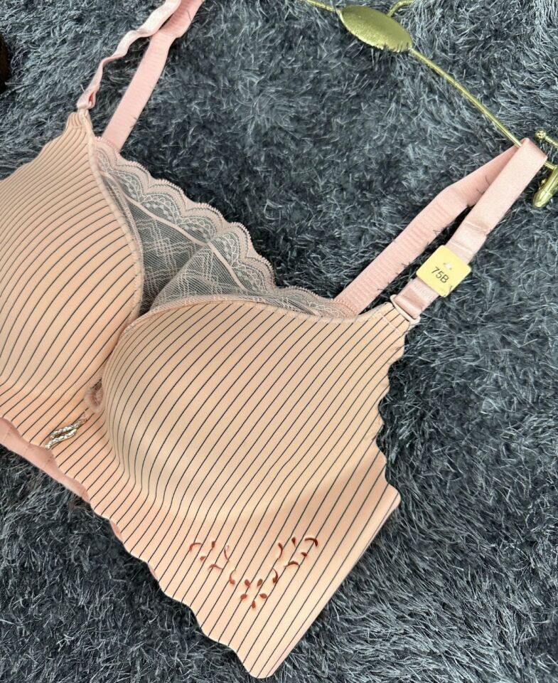 İthal Çizgili Önü Dantelli Lazer Kesim Soft Push Up Balensiz Sütyen - 1202 Pembe - 90B
