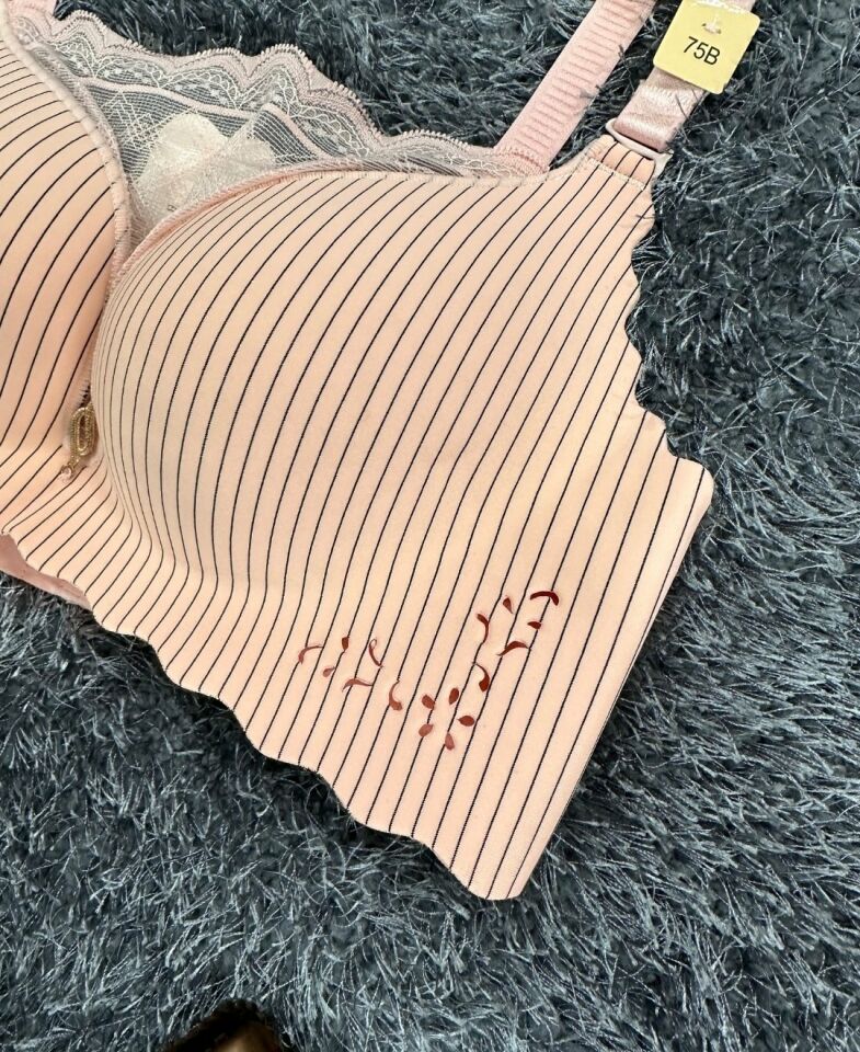 İthal Çizgili Önü Dantelli Lazer Kesim Soft Push Up Balensiz Sütyen - 1202 Pembe - 90B