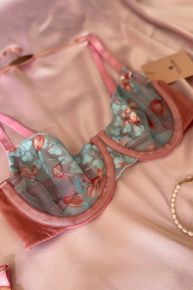Intive Helana Mavi Tül Üstüne Pembe Çiçek Desenli Balenli Seksi Sütyen Takım Mavi/Pembe - 75