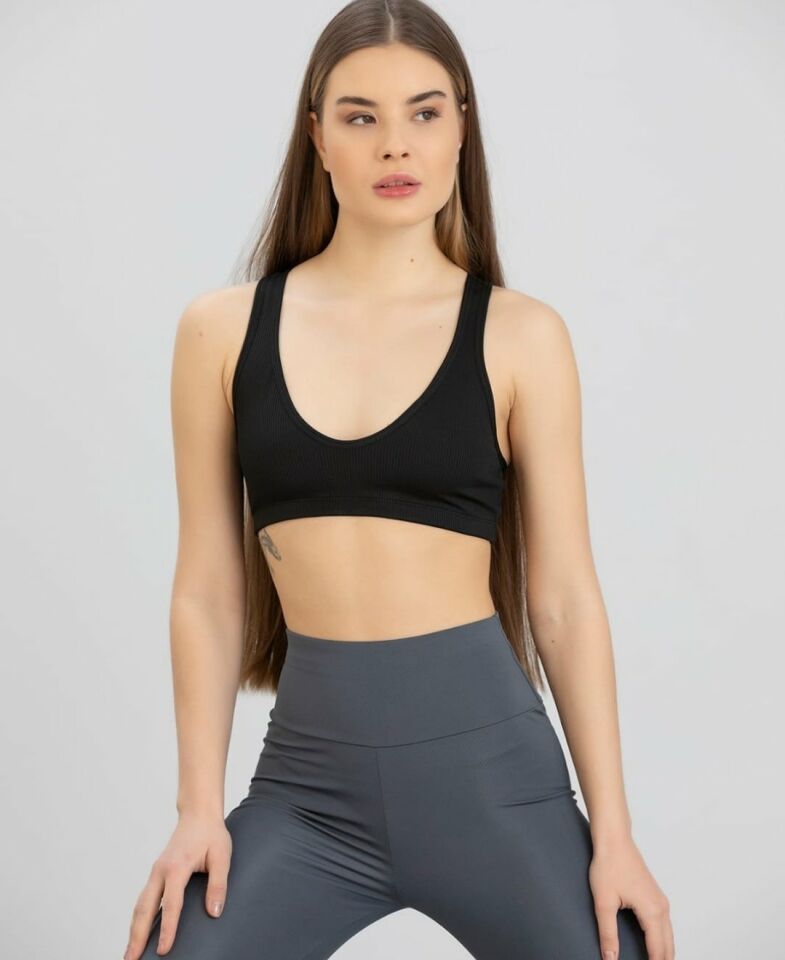 Aurafit Fitilli Derin U Yaka Kalın İp Askılı Arkası Çapraz Büstiyer/Croptop - 9044 Siyah - M/L