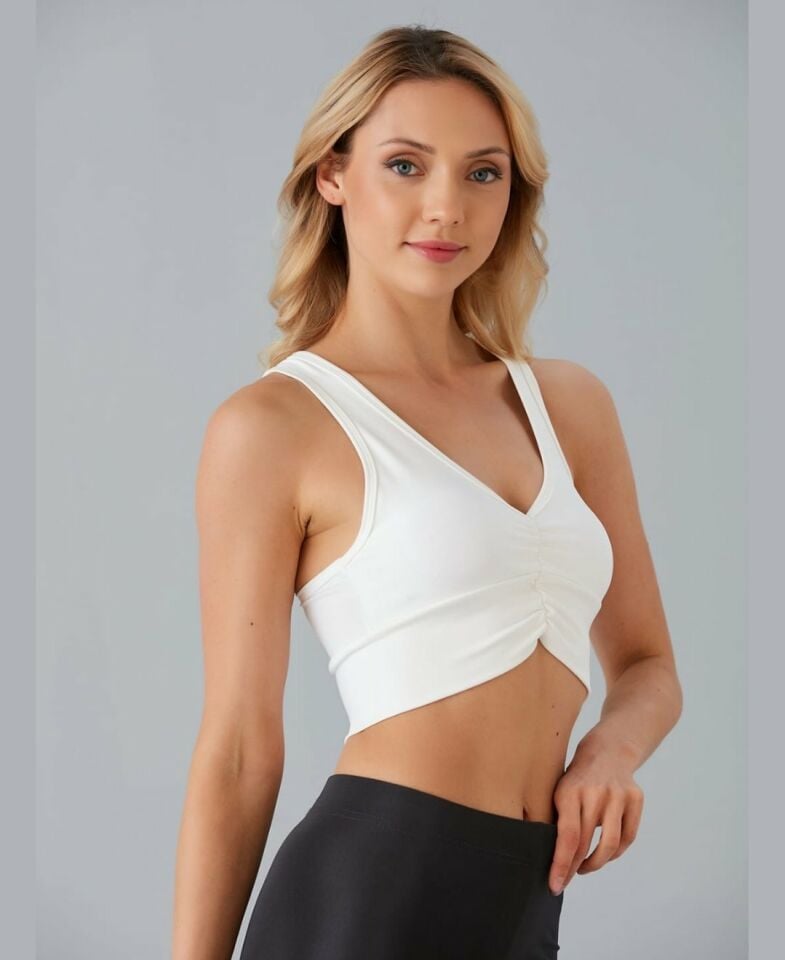 Aurafit Kadın Önü Büzgülü Arkası Çapraz Kaplı Croptop/Büstiyer Beyaz - M/L