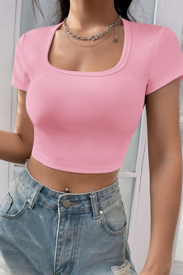 Kadın Pembe Yarım Kol Düz Yaka Crop Top Bluz Kadın Pembe Yarım Kol Düz Yaka Crop Top Bluz