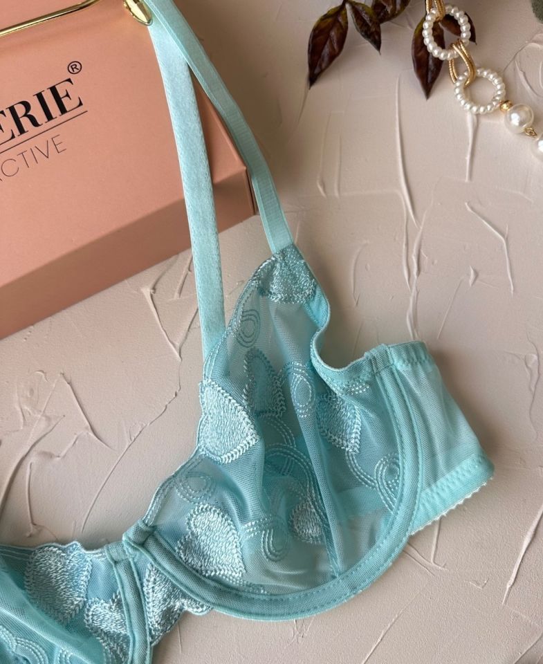 Blue Heart Turkuaz Kalp Desenli Transparan Balenli Sütyen Takım