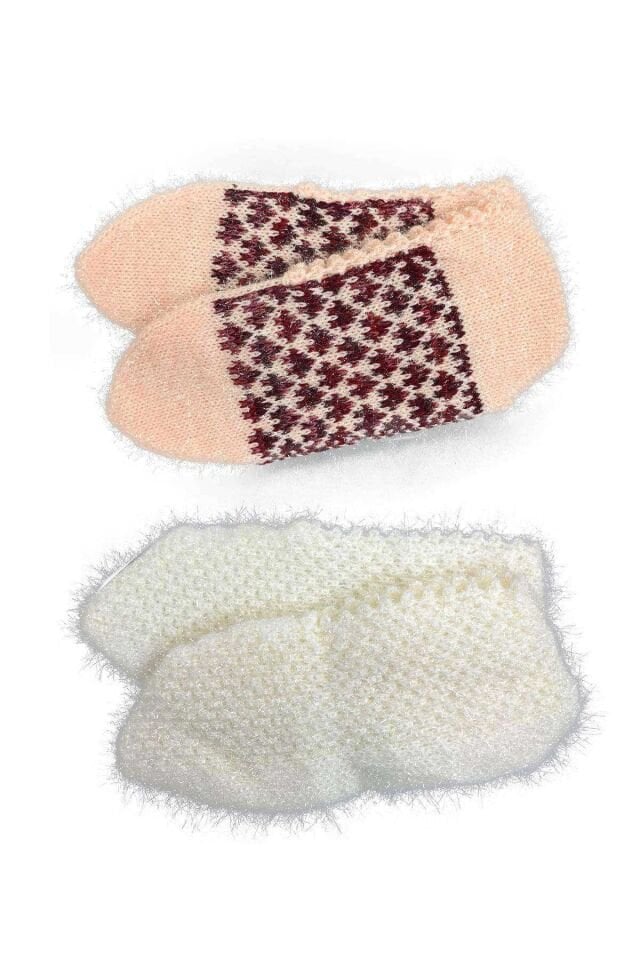 2 Çift Kışlık Şık Kadın Yün Patik Krem Desenli Krem 36-40