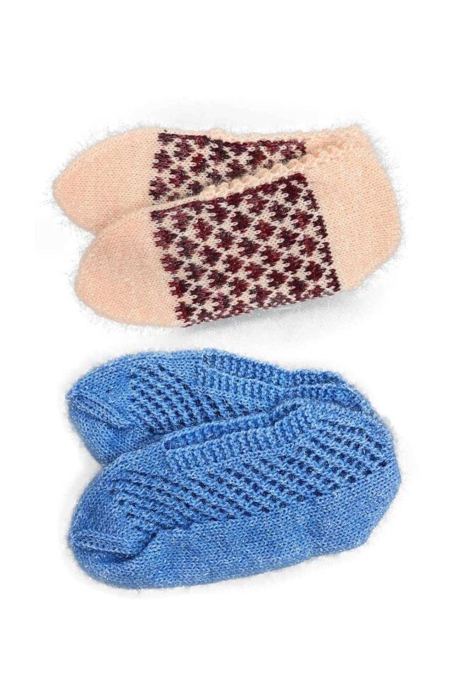 2 Çift Kışlık Şık Kadın Yün Patik Krem Desenli Mavi 36-40