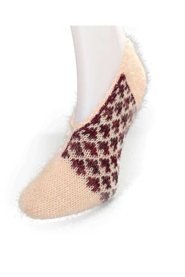 2 Çift Kışlık Şık Kadın Yün Patik Krem Desenli Mavi 36-40