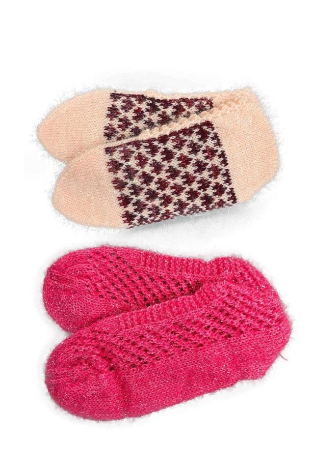 2 Çift Kışlık Şık Kadın Yün Patik Krem Desenli Pembe 36-40